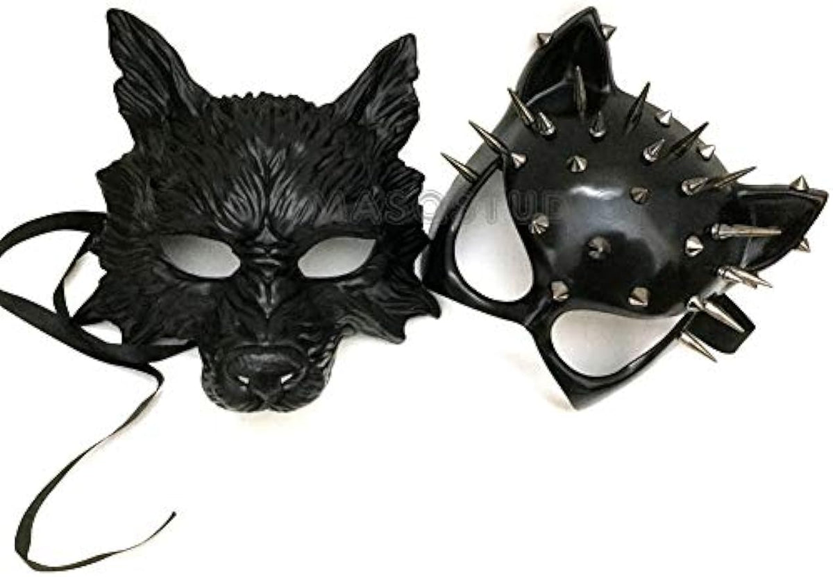 Black Cat Woman & Wolf Man Masquerade Mask Pair - Hand-Painted Resin Cosplay