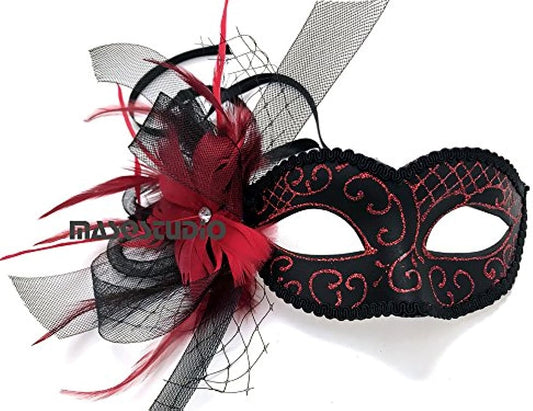 Black Purple Red Masquerade Ball Mask Flapper Veil Feather Mardi Gras Birthday Party Prom