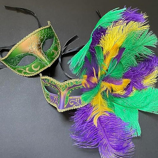 Green and gold Mardi Gras masquerade mask pair with multicolor feathers on dark background