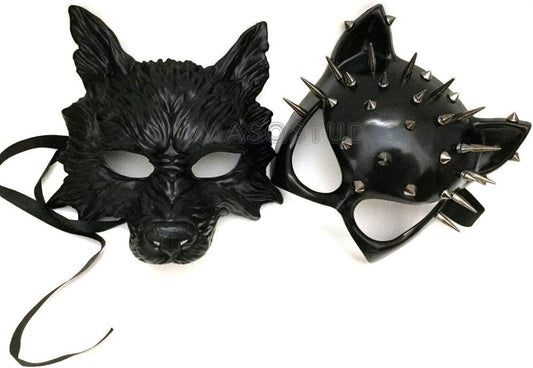 Black Cat Woman & Wolf Man Masquerade Mask Pair - Hand-Painted Resin Cosplay