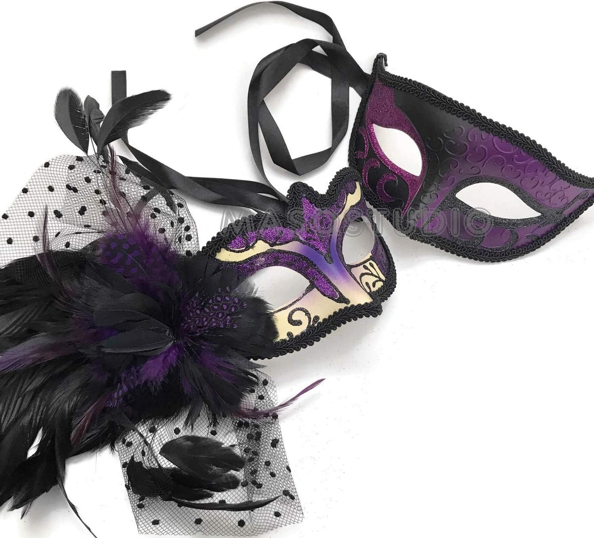 Couple Red Purple Masquerade Mask Pair Feather Mardi Gras Costume Carnival Party