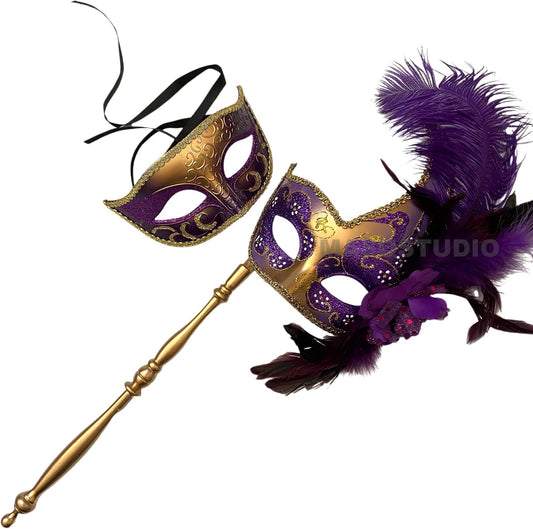 MASQ Masquerade ball stick mask Pair Detachable Handle Ostrich Feather Christmas New Year Mardi Gras Carnival Party