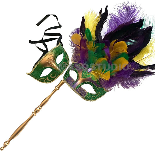MASQ Couples Black Masquerade Stick Feather Mask Pair Cosplay Dance Prom Birthday Mardi Gras Party