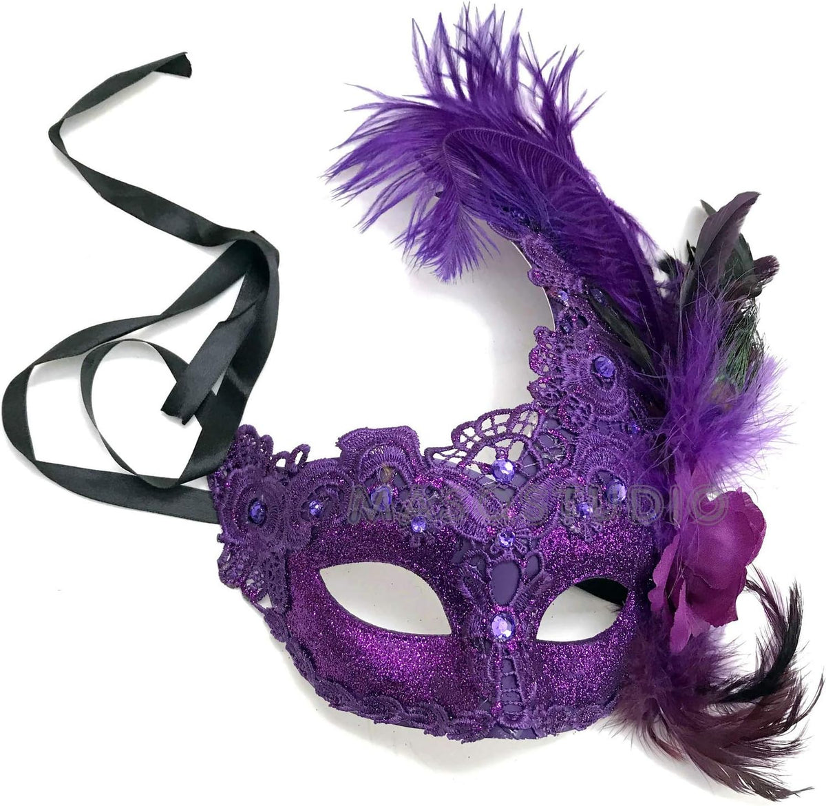 Couples Purple Masquerade Lace Mask Feather Birthday Mardi Gras Carnival Party