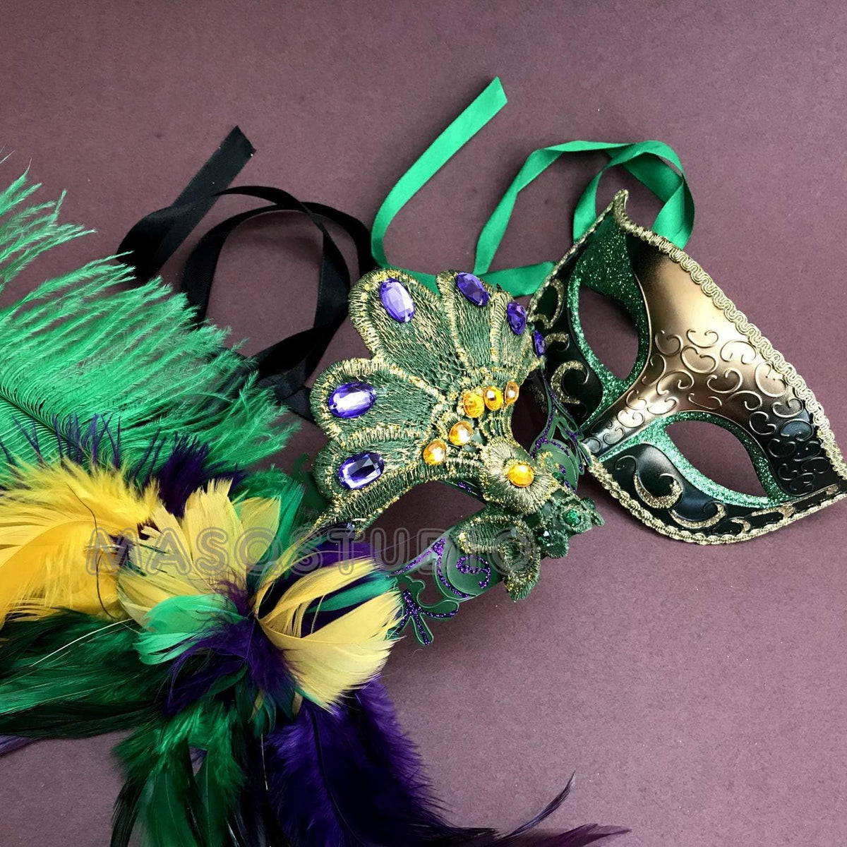 Mardi Gras Masquerade Lace Mask Pair Ostrich Peacock Feather Dress up Party Carnival Parade
