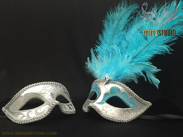 Fifty shades of Grey Couple Feather Masquerade mask Pair Turquoise Silver