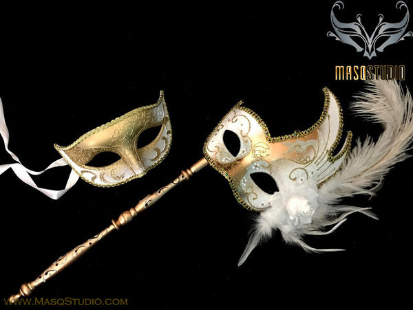 Venetian Couple Feather Masquerade Stick Mask Set White Gold