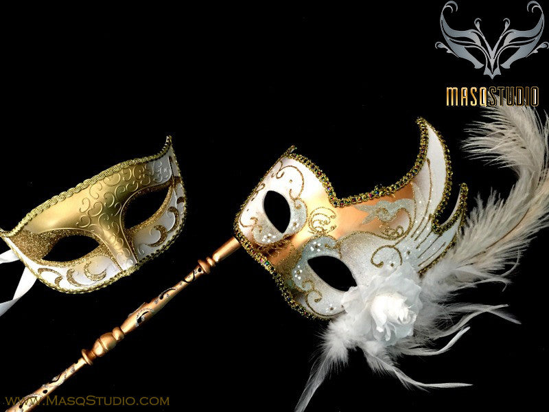 Venetian Couple Feather Masquerade Ball Stick Mask Set White Gold pair