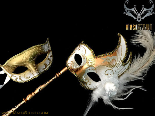 Venetian Couple Feather Masquerade Ball Stick Mask Set White Gold pair