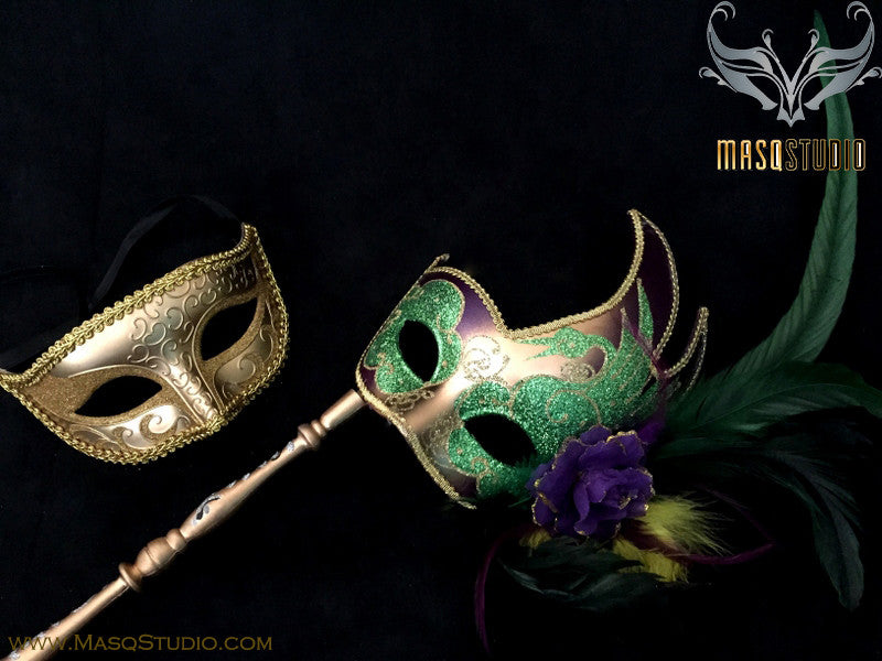Venetian Couple Feather Masquerade Stick Mask Set Gold