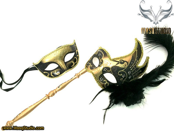 Venetian Couple Feather Masquerade Stick Mask Set Black Gold