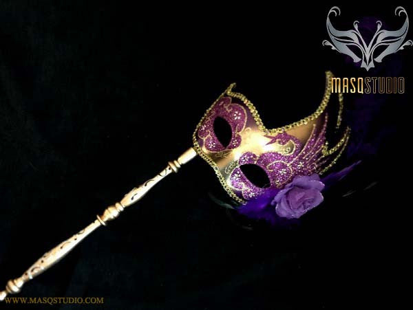 Purple Gold Masquerade Stick Mask Venetian Feather Mask