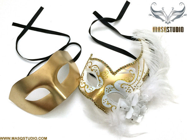 Venetian Feathered White Gold Masquerade Ball Mask Pair