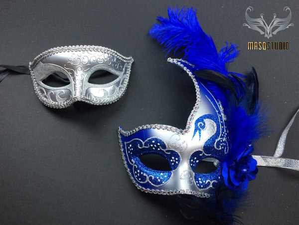 Couple Masquerade mask set Venetian Feathered Royal Blue Silver Masquerade Mask Pair