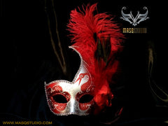 Venetian style side swan Feather Masquerade Ball Mask Red Silver