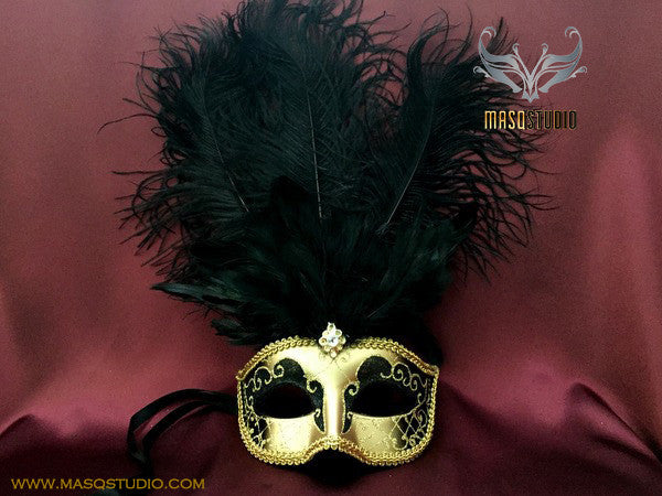 Fifty shades of Grey masquerade ball mask - Black Gold Feather
