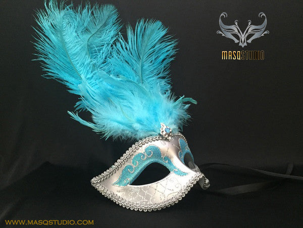 Fifty shades of Grey masquerade ball mask Teal Turquoise Light Blue Silver Feather