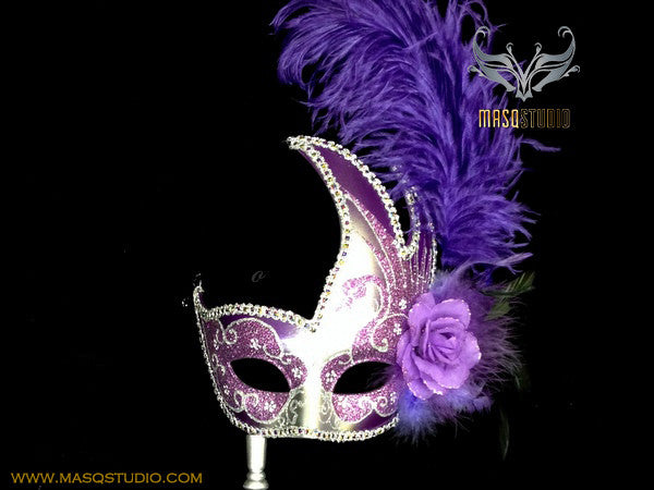 Venetian Style Ostrich Feather Swan Stick Mask - Purple Silver