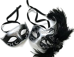 Couples Black Gold Masquerade Ball Mask Pair Feather Mardi Gras Party Valentines Gift for Her