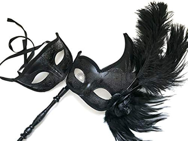 Black Masquerade ball stick mask Pair Detachable Handle Ostrich Feather Christmas New Year Party Wear or Deco