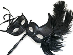 Black Masquerade ball stick mask Pair Detachable Handle Ostrich Feather Christmas New Year Party Wear or Deco