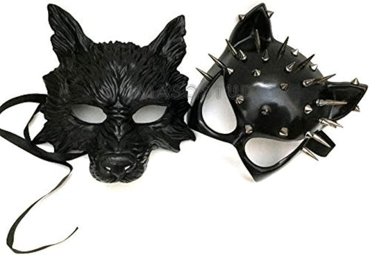 Black Cat Woman & Wolf Man Masquerade Mask Pair - Hand-Painted Resin Cosplay