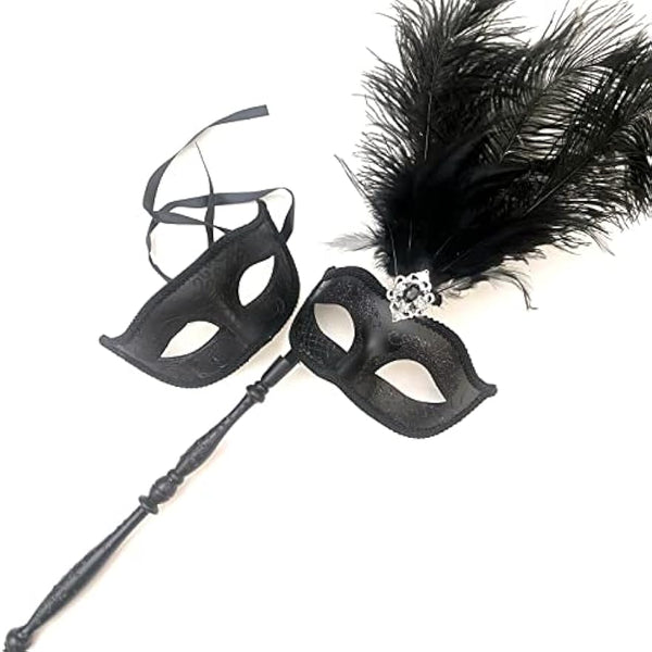 Couples Black Masquerade Stick Feather Mask Pair Cosplay Dance Prom Birthday Party