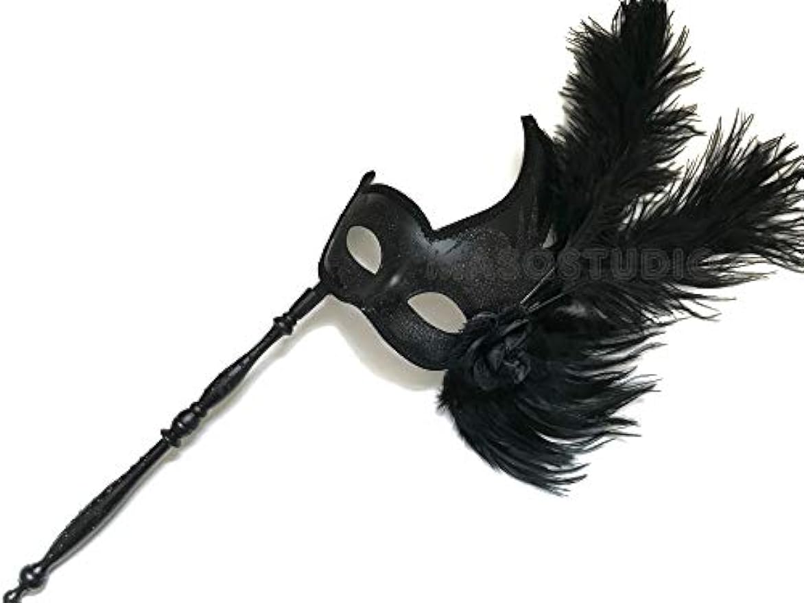 Black Masquerade ball mask Pair Detachable Stick Ostrich Feather Christmas New Year Party Wear or Deco