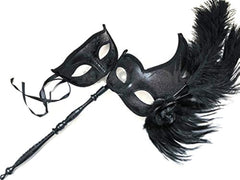 Black Masquerade ball stick mask Pair Detachable Handle Ostrich Feather Christmas New Year Party Wear or Deco