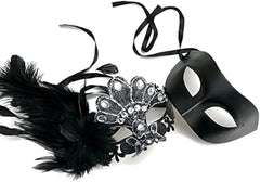 Couple Masquerade Feather Lace Mask Pair Mardi Gras Costume Carnival Party
