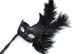 Black Masquerade ball stick mask Pair Detachable Handle Ostrich Feather Christmas New Year Party Wear or Deco