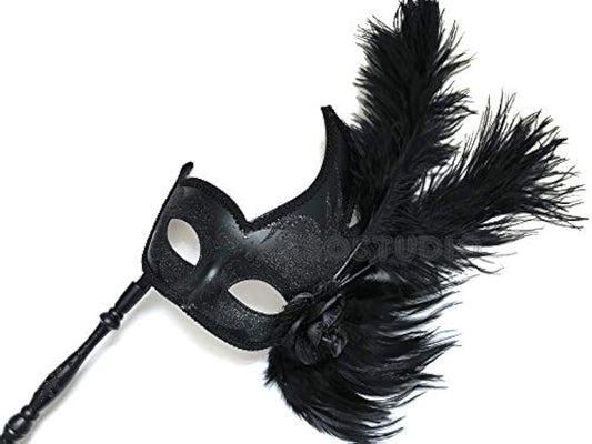 Black Masquerade ball mask Pair Detachable Stick Ostrich Feather Christmas New Year Party Wear or Deco