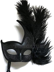 Black Masquerade ball mask Pair Detachable Stick Ostrich Feather Christmas New Year Party Wear or Deco