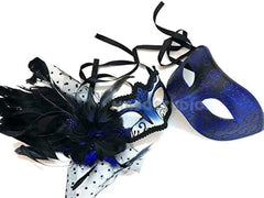 Blue Masquerade Ball Feather Mask Pair New Year Eve Party Birthday Dress up Prom
