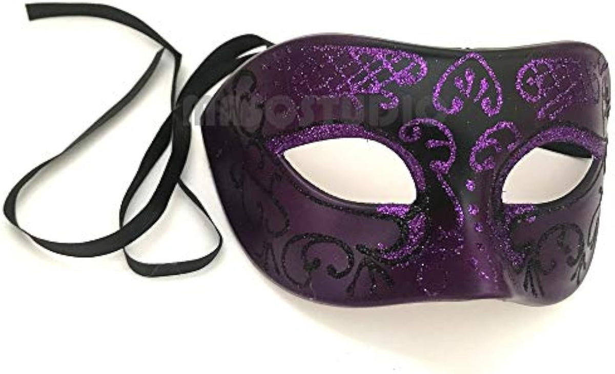 Purple Masquerade Ball Lace Mask Pair Ostrich Feather Mardi Gras Party Dress up Carnival Prom