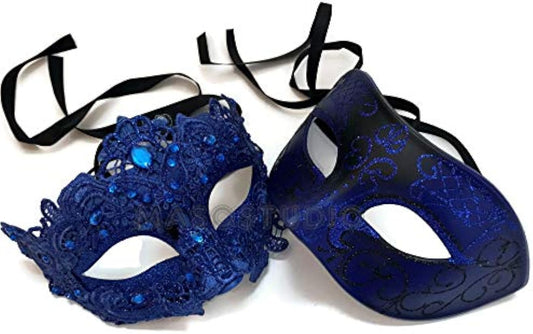 Blue lace-style masquerade eye mask with black ribbon ties