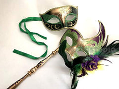 Mardi Gras Masquerade Handle Stick Mask Pair Ostrich Feather Dress up Party Carnival Parade