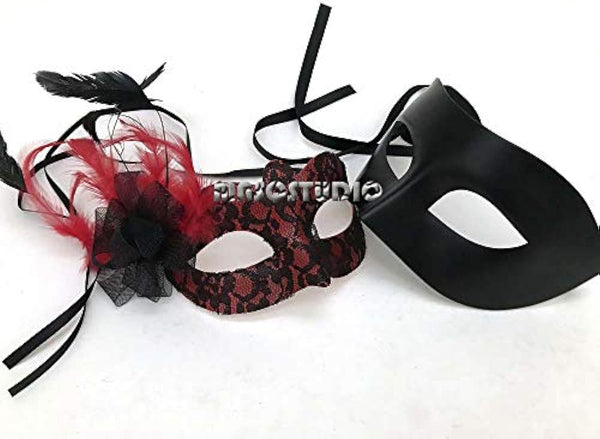Couple Masquerade Ball Black Red Lace Mask Pair Feather Birthday Party Wear