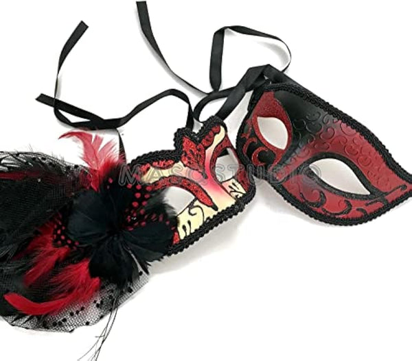 Couple Red Purple Masquerade Mask Pair Feather Mardi Gras Costume Carnival Party