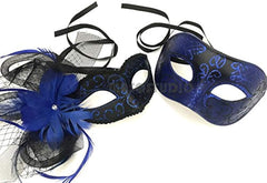 Blue Masquerade Ball Mask Pair side Feather New Year Eve Party Birthday Dress up Prom