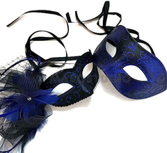 Blue Masquerade Ball Mask Pair side Feather New Year Eve Party Birthday Dress up Prom