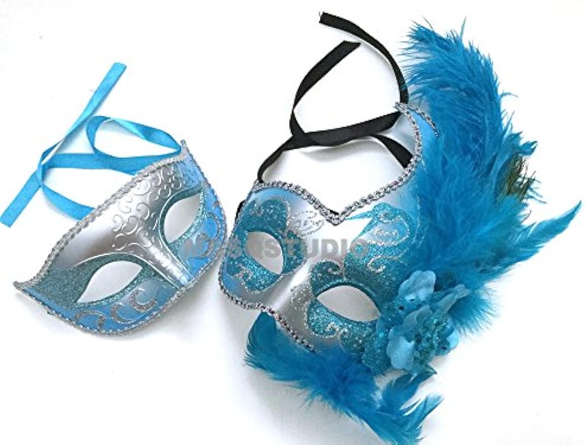 Couples Silver Turquoise Masquerade Ball Mask with Feather Graduation Prom Dance Quincenera Birthday Party