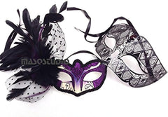 Couples Purple Masquerade Ball Mask Pair Feather Mardi Gras Party Valentines Gift for Her