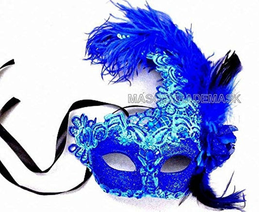 Woman girls Blue Masquerade Lace Mask Pair Feather Birthday Mardi Gras Carnival Party