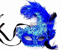 Couples Blue Masquerade Lace Mask Pair Feather Birthday Mardi Gras Carnival Party