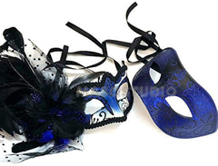 Blue Masquerade Ball Feather Mask Pair New Year Eve Party Birthday Dress up Prom