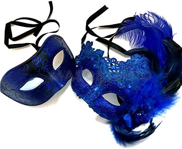 Blue Lace Masquerade Ball Feather Mask Pair New Year Eve Party Birthday Dress up Prom