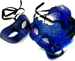 Couples Blue Masquerade Lace Mask Pair Feather Birthday Mardi Gras Carnival Party