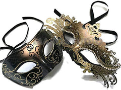Couple Black Gold Masquerade Mask Pair Cosplay Mardi Gras Prom Dance Birthday Party Wear