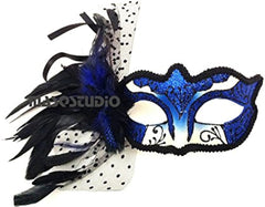 Couples Blue Masquerade Ball Mask Feather Carnival Party Parade Costume Dress up